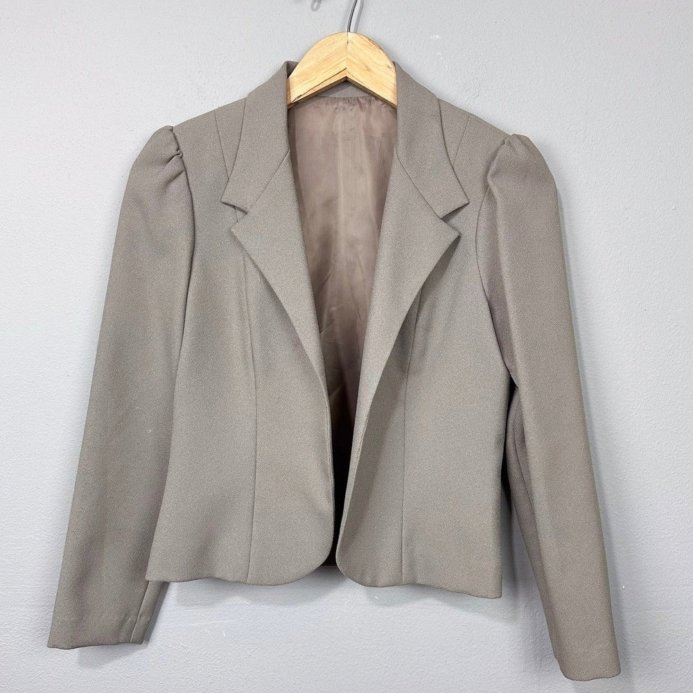 Vintage Blazer Women Size 8 Taupe Beige Open Front Puff Shoulder Cropped Jacket